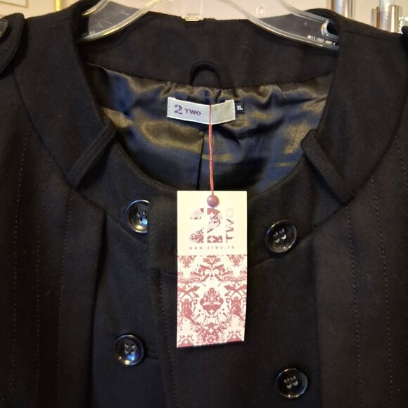 NWT 2 Two Women's Black Double Breasted Wool Blend Lined Winter Pea Coat - Picture 11 of 15